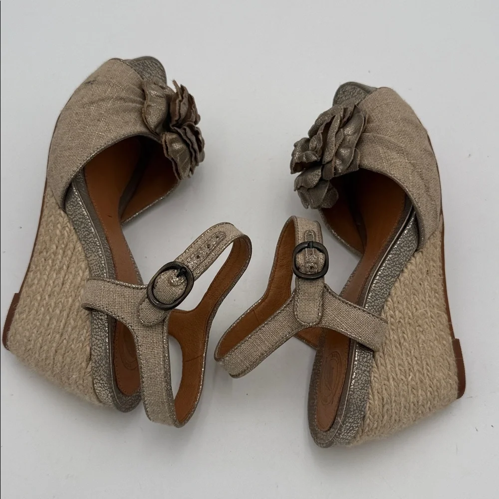 Vintage Elegant Metallic Wedge Sandals leather canvas 7.5 boho casual office Y2K